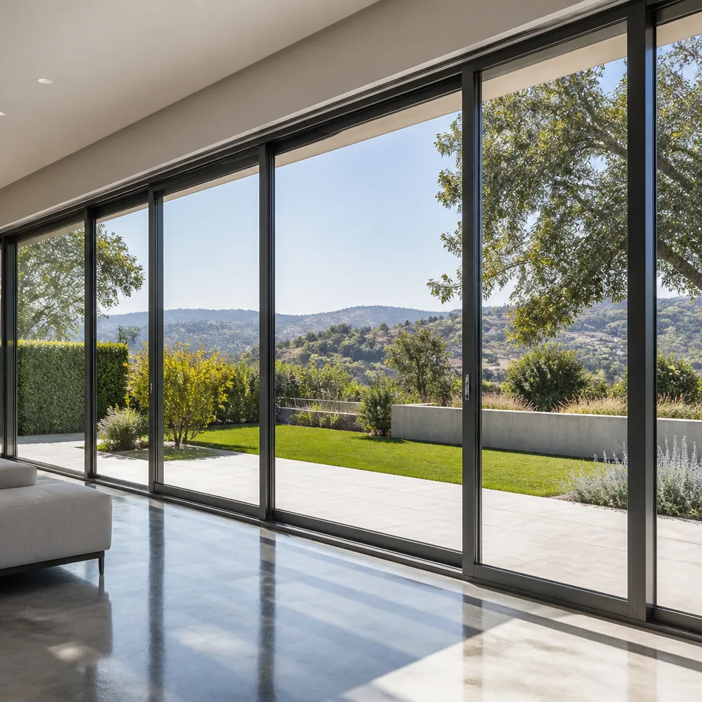 Modern floor-to-ceiling sliding glass doors with a panoramic landscape view