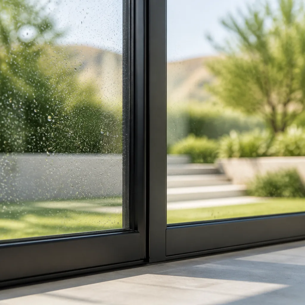 Modern black sliding glass doors overlooking a professional landscaped backyard garden.