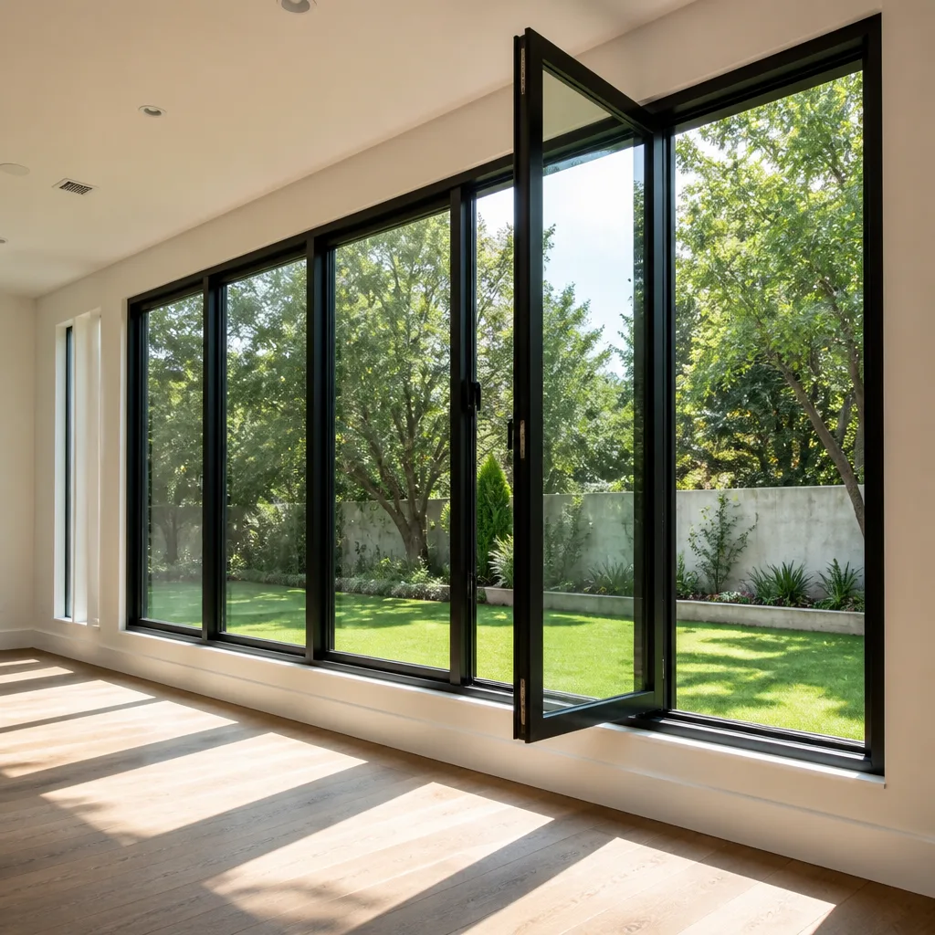 Modern black-framed folding patio doors with view of garden landscape