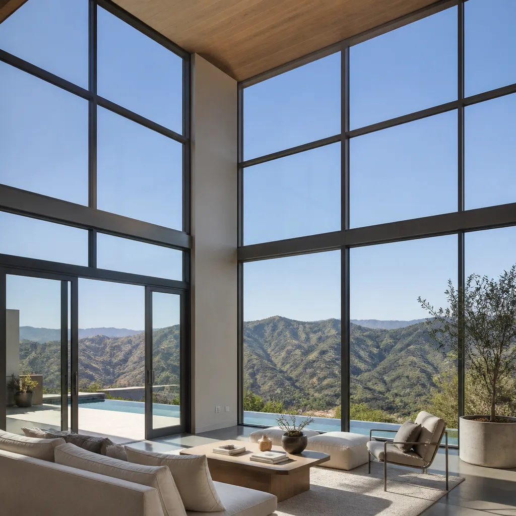 Modern floor to ceiling window installation in a luxury mountain home