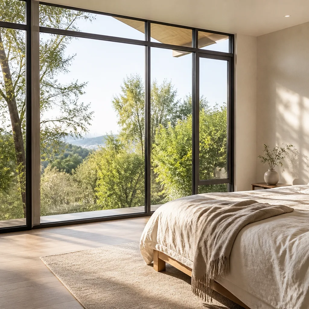 Modern bedroom with large floor-to-ceiling windows overlooking a forest view.