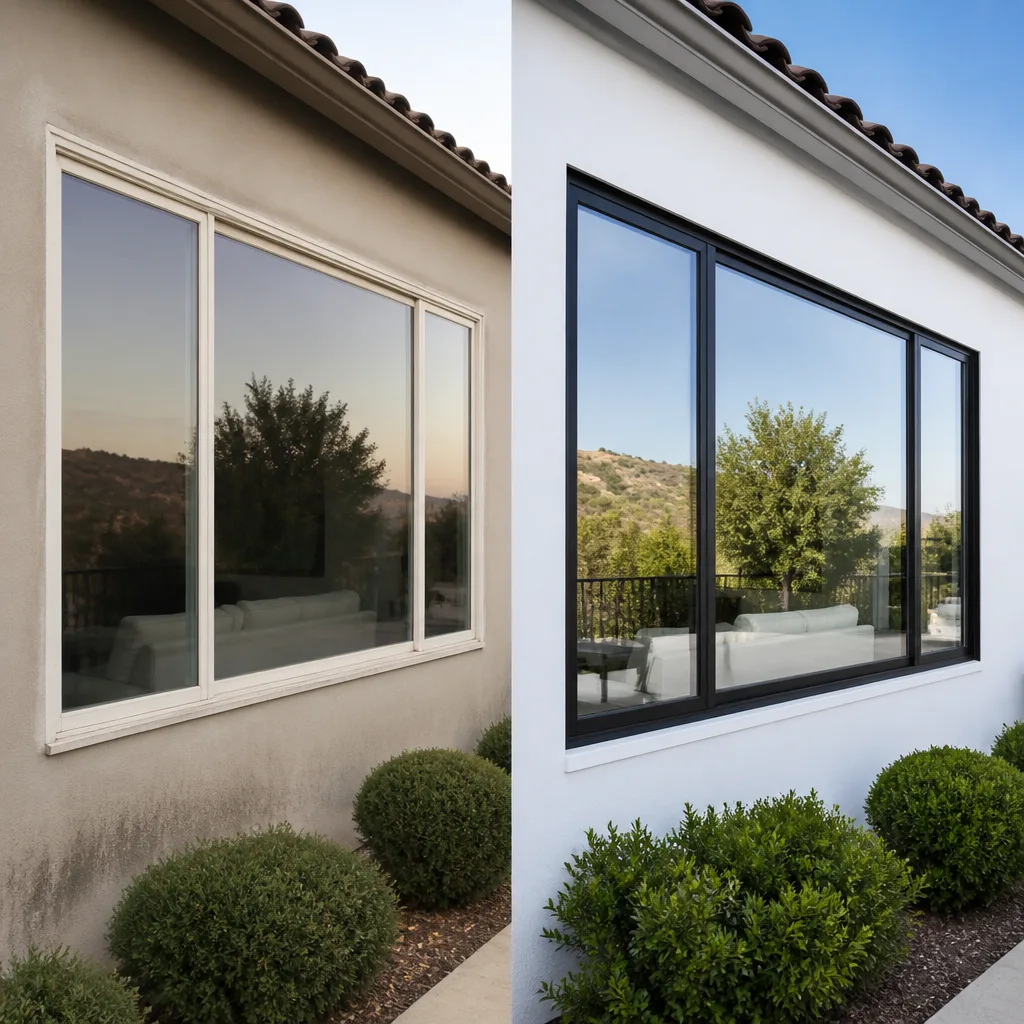 Before and after professional window replacement showing updated frame style