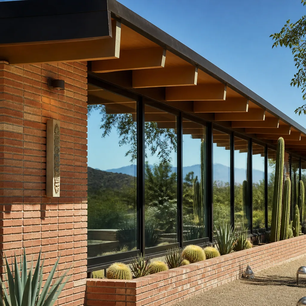 Modern home exterior with large energy-efficient floor-to-ceiling glass windows and doors.